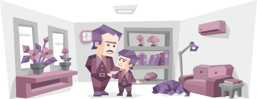 An Analyst father standing with his child in a tidy room lined with bookshelves