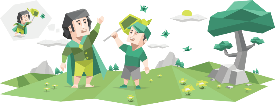 A Diplomat father and his child catching butterflies with a net on a grassy hillside