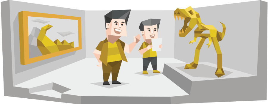 An Explorer father and his child looking at a dinosaur skeleton at a museum
