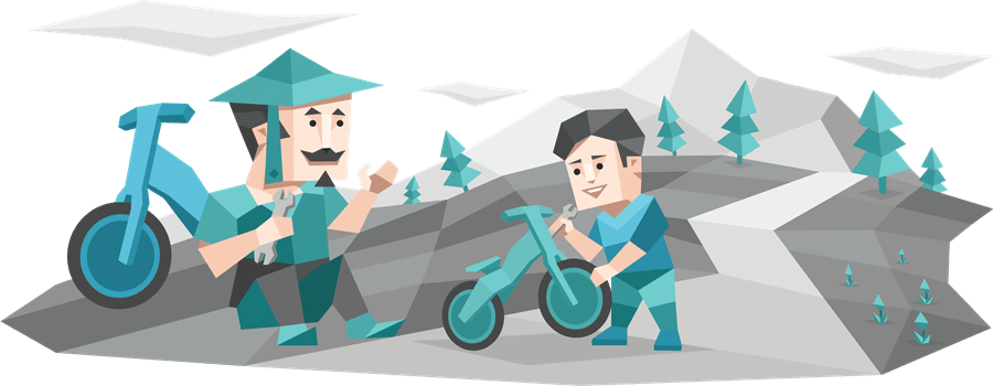 A Sentinel father helping his child fix a bicycle on a rocky mountain trail