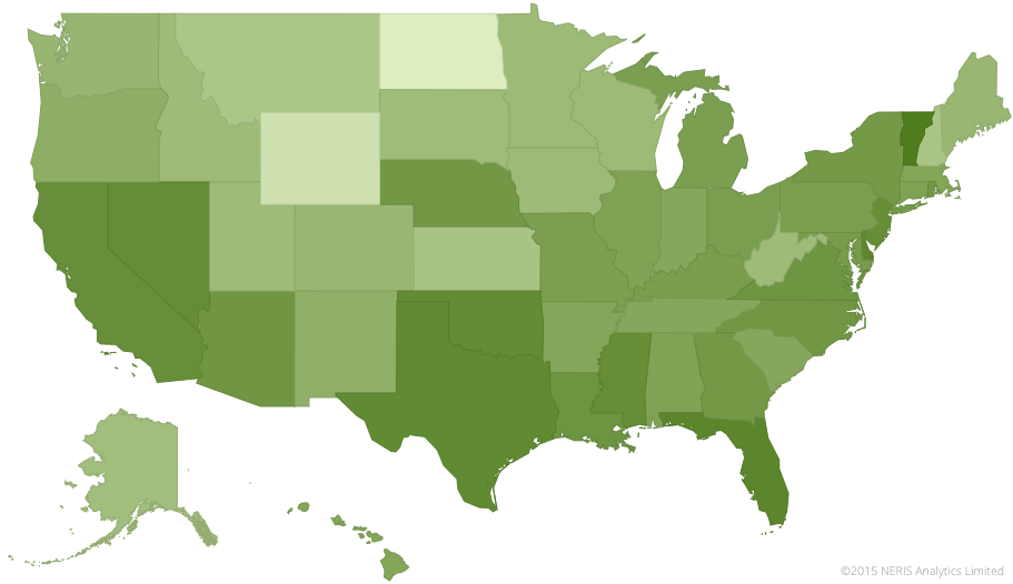 US map showing where Commander personalities (ENTJ-A / ENTJ-T) are most concentrated